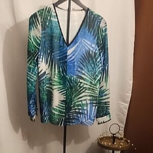 Calvin Klein Blue and Green Palm Print V-Neck Blouse